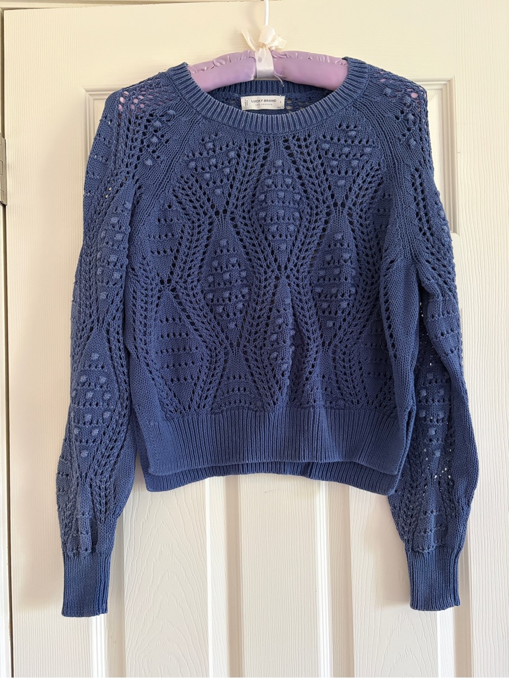Lucky Brand Blue Openwork Knit Crewneck Sweater Women Size Small